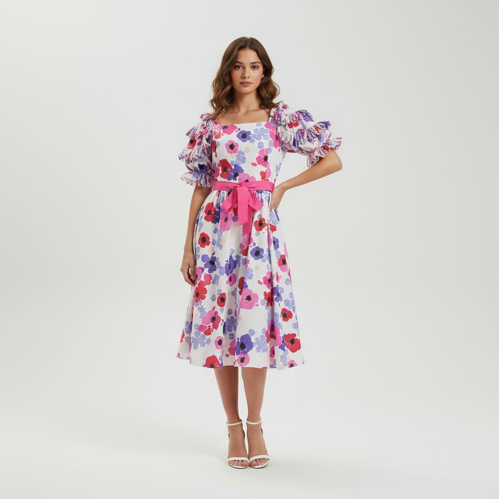 Victor Costa Vintage White Pink Fringe Sleeve Floral Midi Dress Size 10